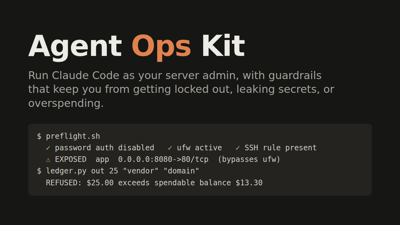 Agent Ops Kit cover: preflight output and a refused over-budget ledger entry