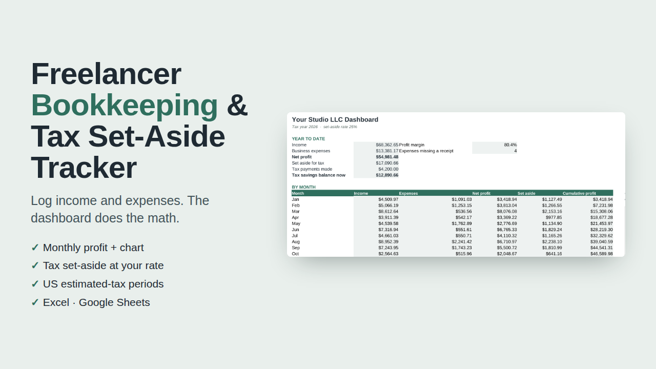 Freelancer Bookkeeping & Tax Set-Aside Tracker preview with sample data