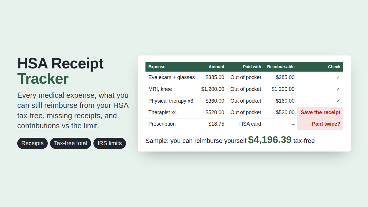 HSA Receipt Tracker preview with sample data