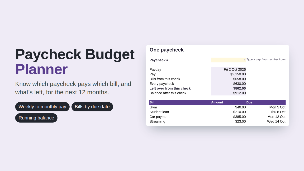 Paycheck Budget Planner preview with sample data